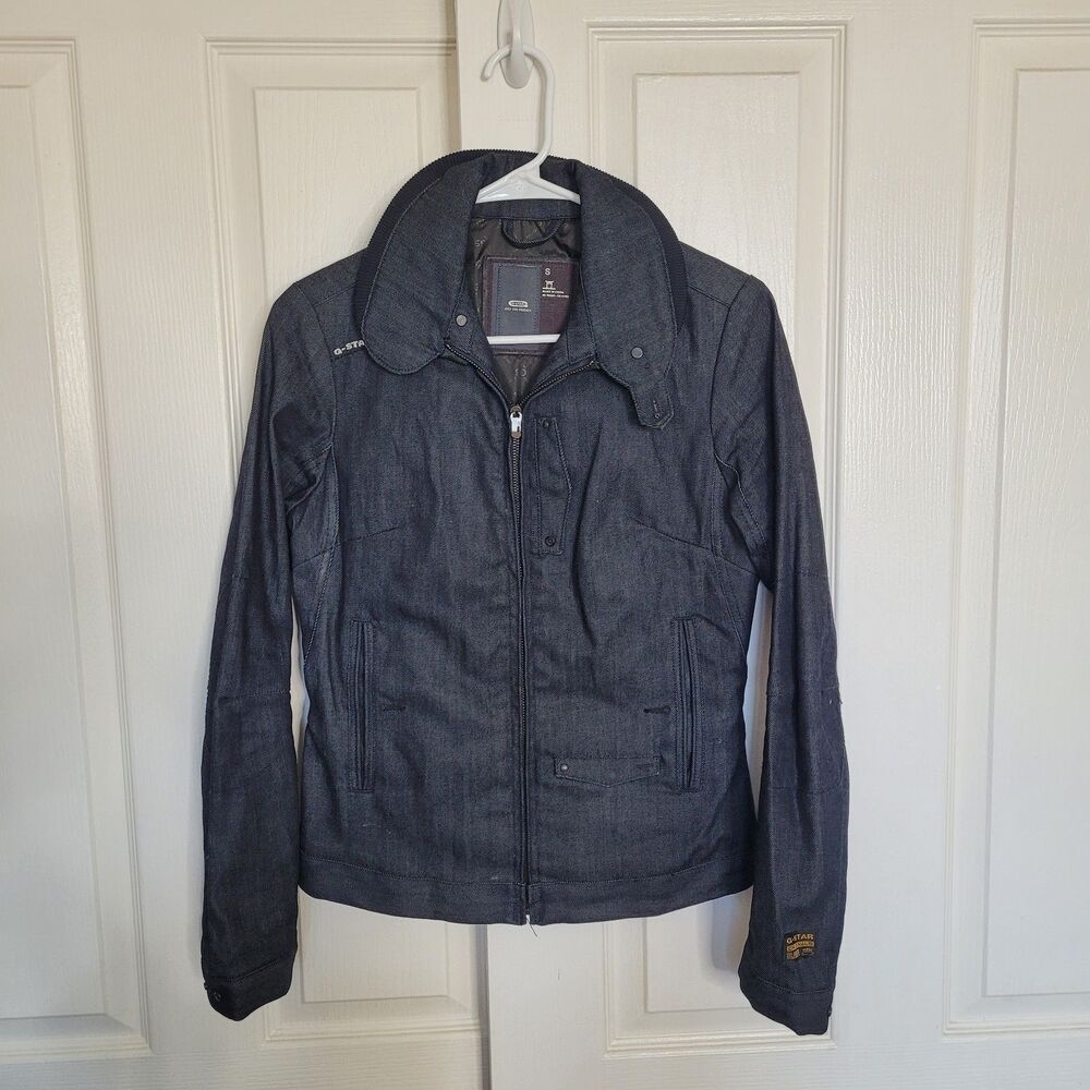 G-Star Raw 3301 Tentic 96 Denim Zip Moto Jacket Blue Dark Wash Women Size Small